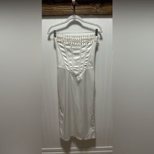 Pearl embellished strapless corset white midi dress side zip back tie sz s